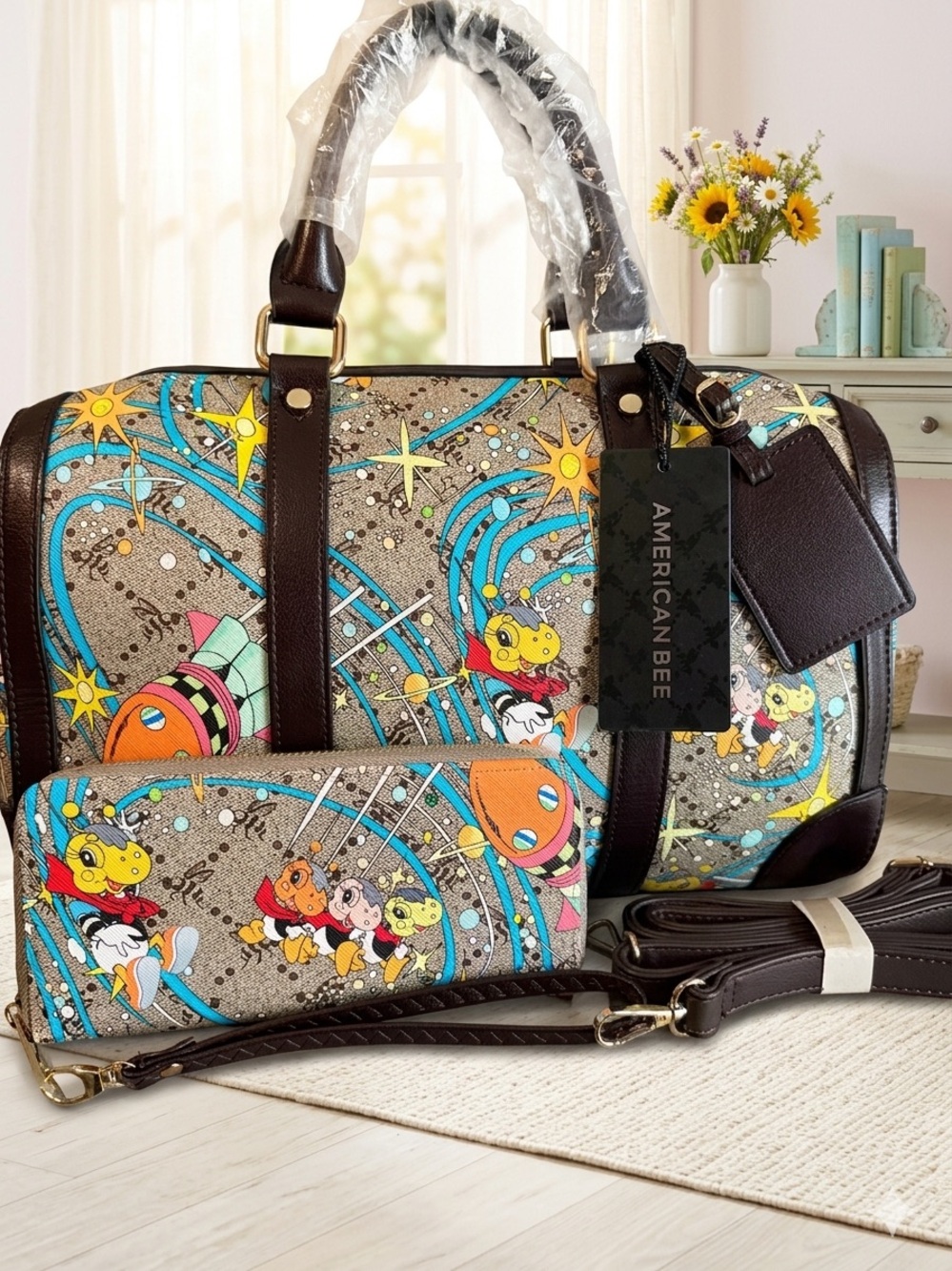American Bee Cartoon Space Duffle Bag & Matching Wallet Set - Hard to Find
